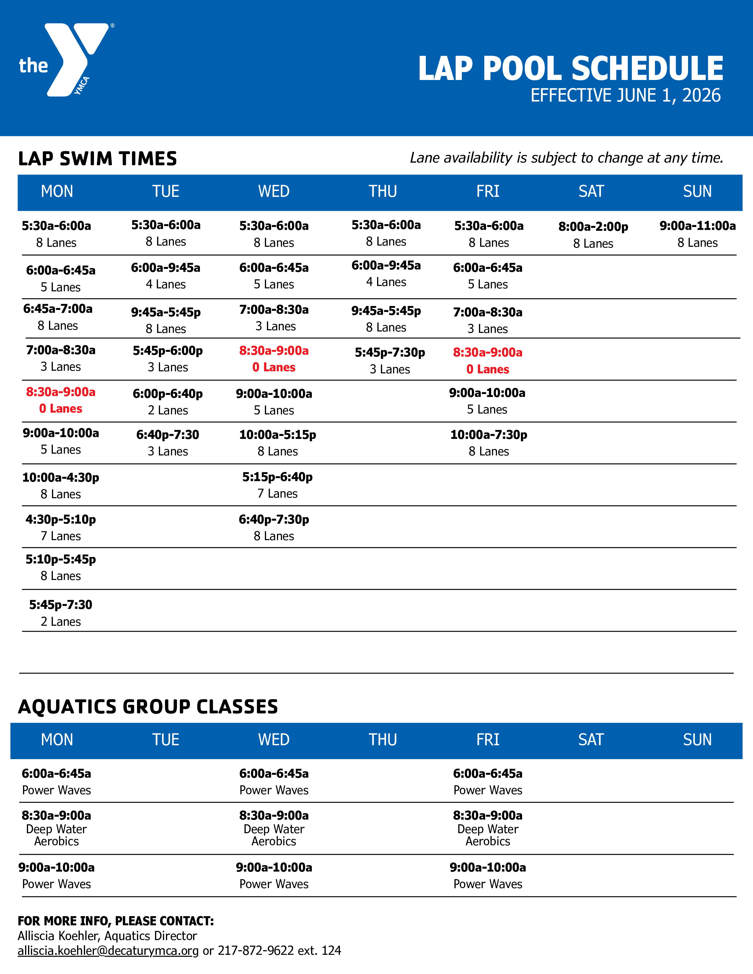 Lap Pool Schedule